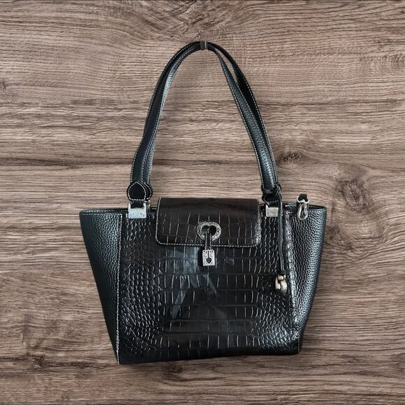 Brighton Black Satchel bag with Crocodile Embossed - silver hardware EUC - Picture 1 of 12